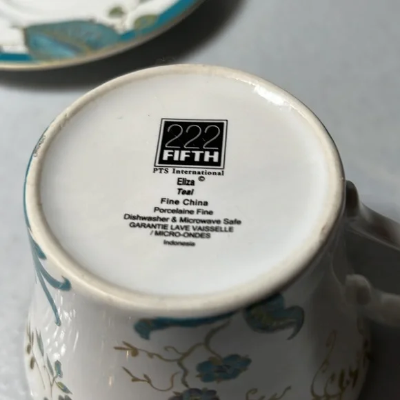 Vintage Retired Flat Cup & Saucer Set Eliza Teal by 222 FIFTH Gold Trim - Picture 5 of 7
